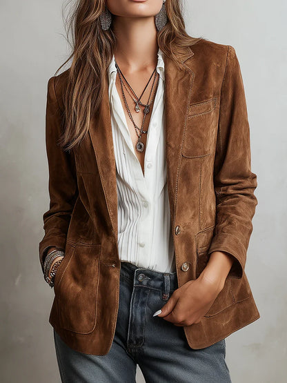 Women's Notched Lapel Suede Blazer Casual