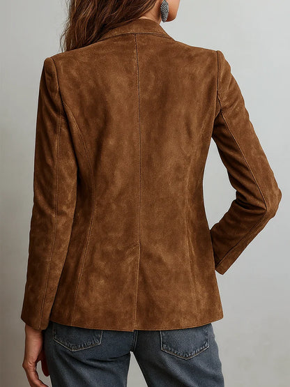 Women's Notched Lapel Suede Blazer Casual