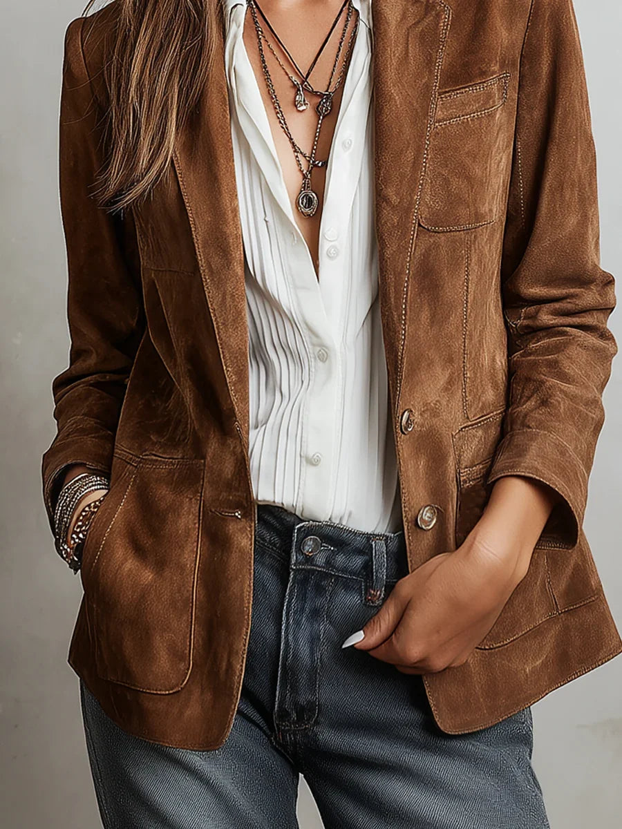 Women's Notched Lapel Suede Blazer Casual