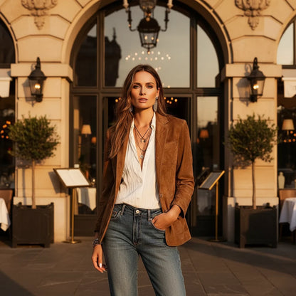 Women's Notched Lapel Suede Blazer Casual