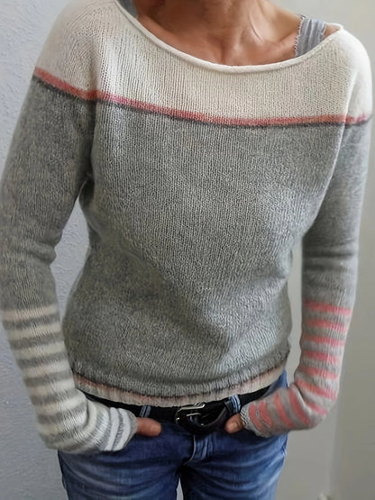 Women's Striped Knit Sweater with Boat Neck