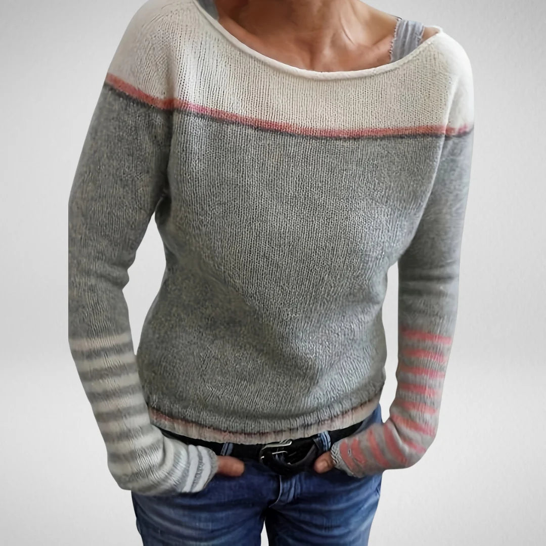 Women's Striped Knit Sweater with Boat Neck
