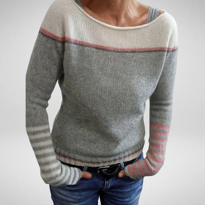 Women's Striped Knit Sweater with Boat Neck