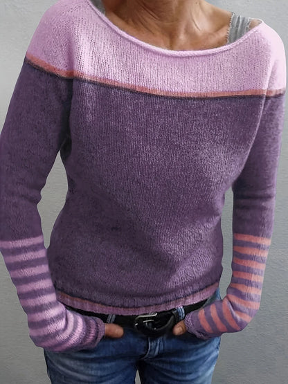 Women's Striped Knit Sweater with Boat Neck