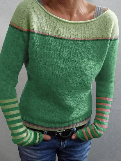 Women's Striped Knit Sweater with Boat Neck