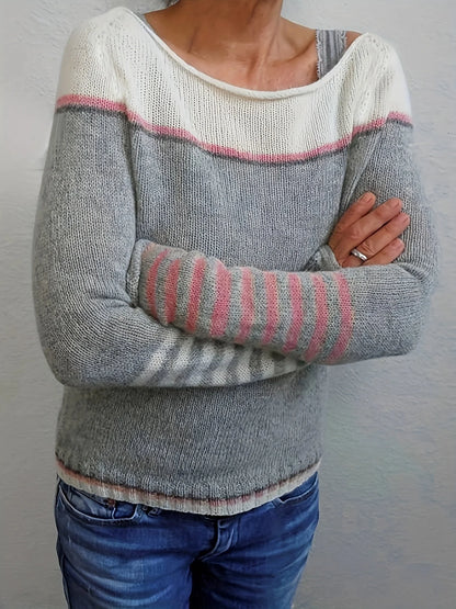 Women's Striped Knit Sweater with Boat Neck