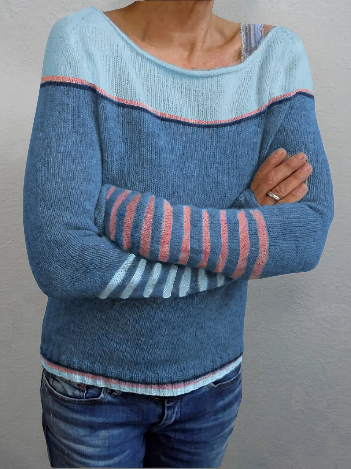 Women's Striped Knit Sweater with Boat Neck