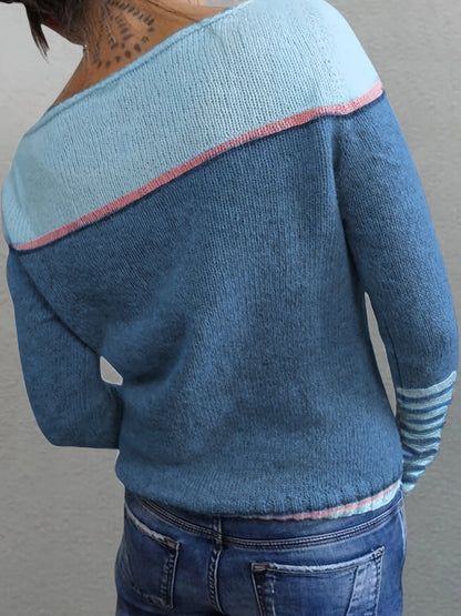 Women's Striped Knit Sweater with Boat Neck