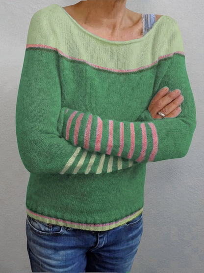 Women's Striped Knit Sweater with Boat Neck