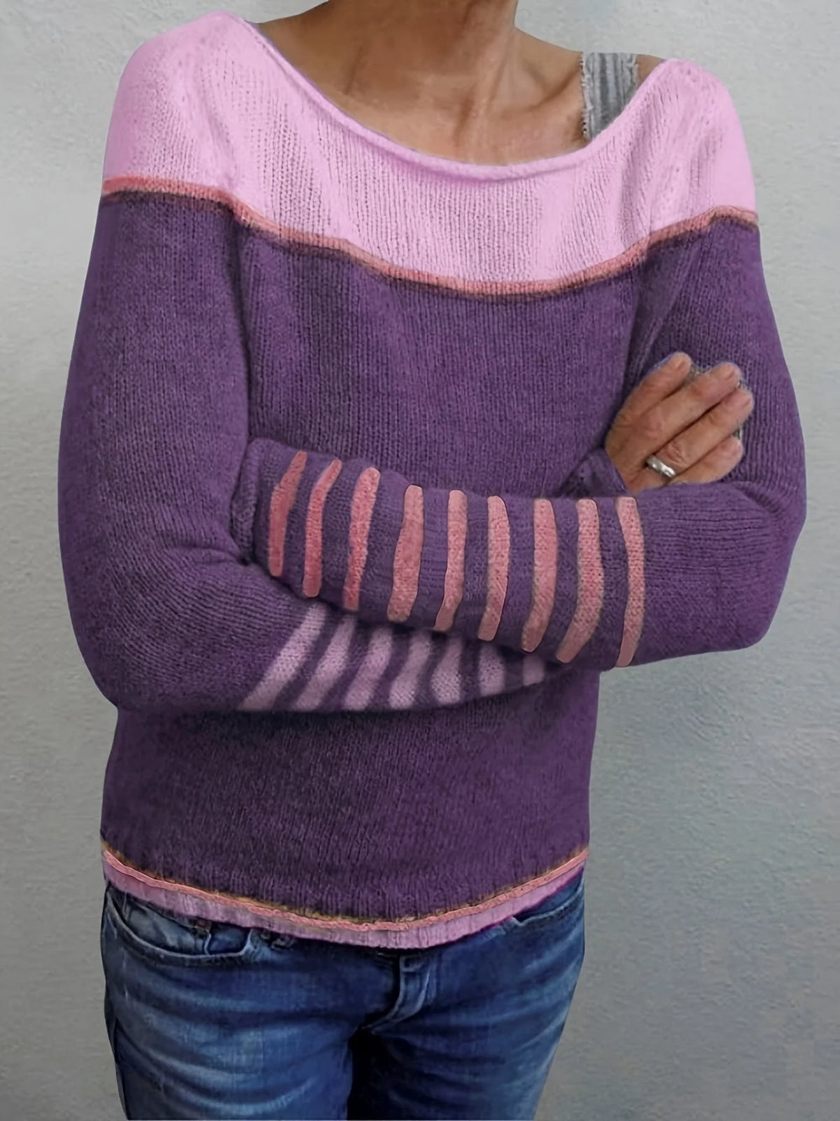 Women's Striped Knit Sweater with Boat Neck