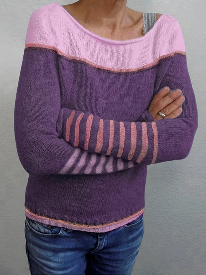 Women's Striped Knit Sweater with Boat Neck