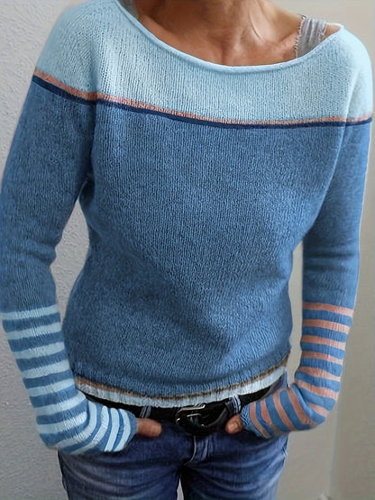 Women's Striped Knit Sweater with Boat Neck