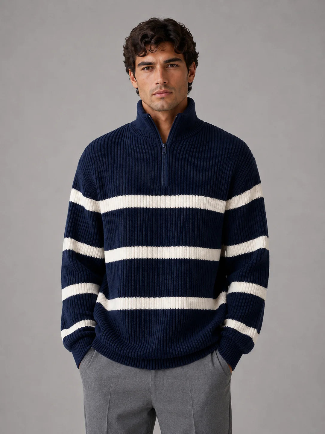 Men's Relaxed Fit Half-Zip Striped Jumper