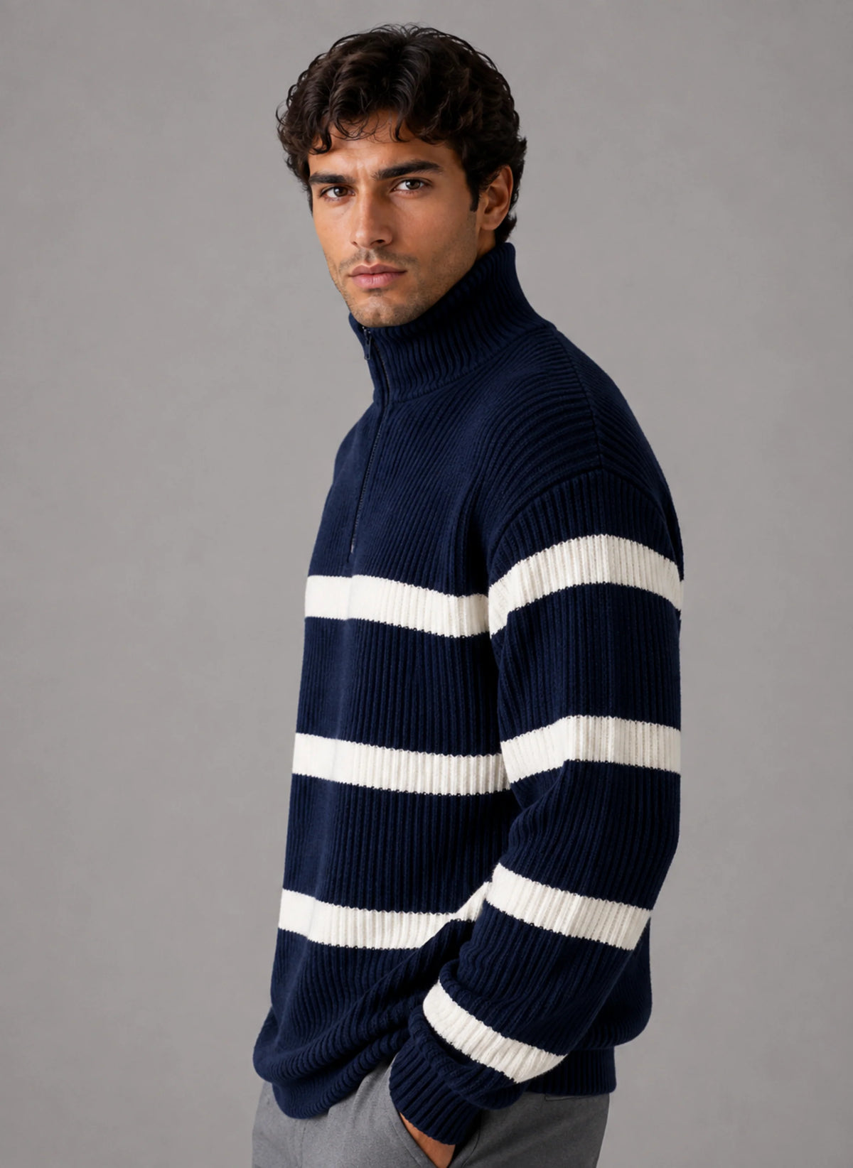 Men's Relaxed Fit Half-Zip Striped Jumper
