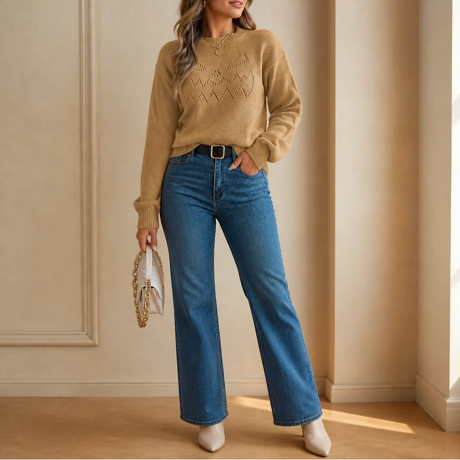 Women's Cozy Relaxed Fit Openwork Knit Sweater