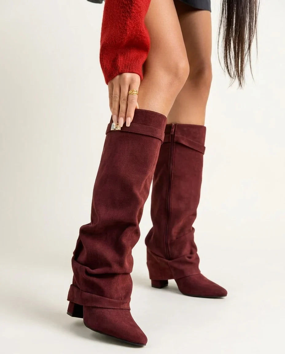 Women's Elegant Slouched Buckle-Strap Knee High Boots