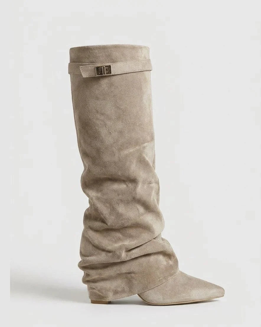 Women's Elegant Slouched Buckle-Strap Knee High Boots