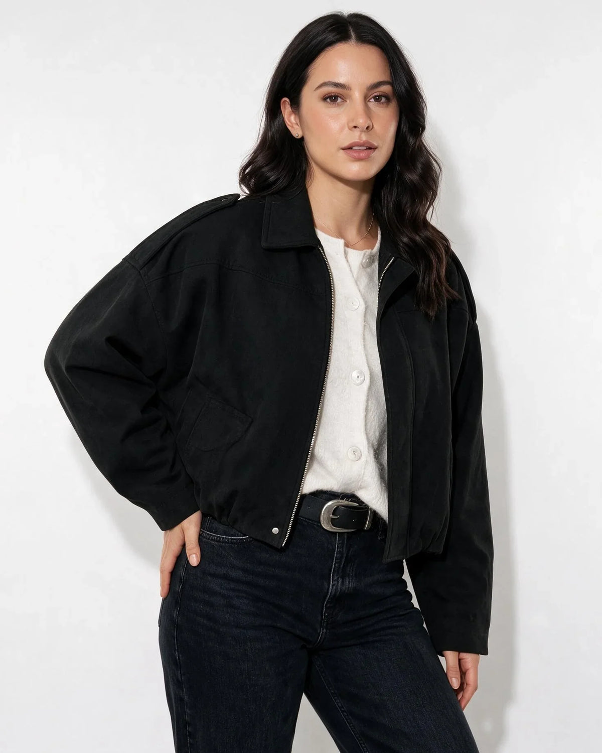 Women's Relaxed Oversized Cropped Zip-Up Jacket